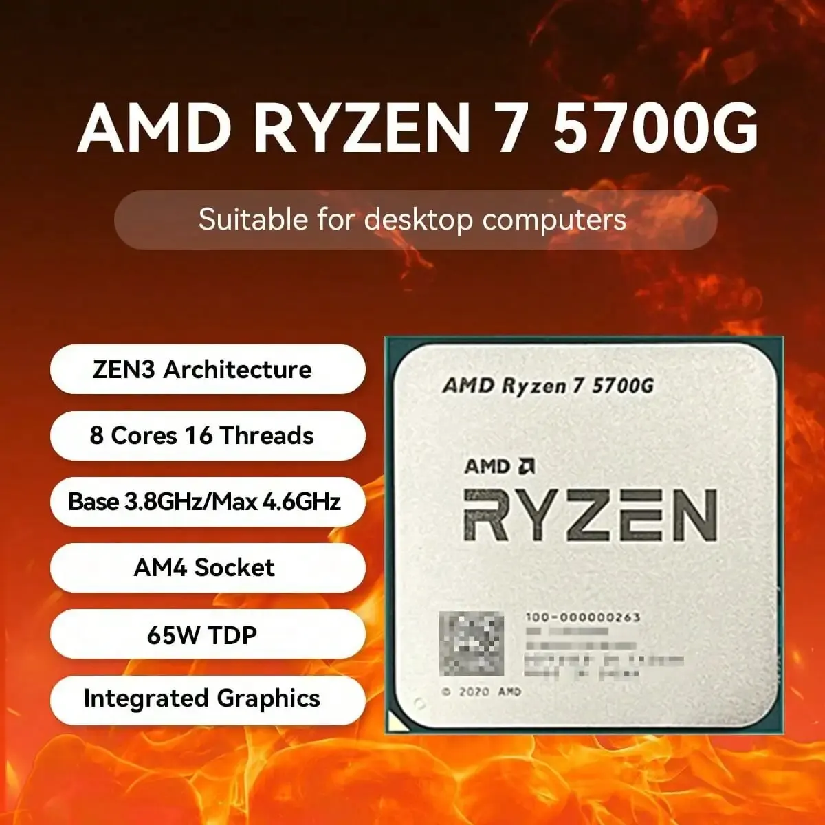 AMD Ryzen 7 5700G 3.8GHz 베이스 클럭, 8 코어 16 스레드 데스크탑 프로세서 CPU, AM4 소켓, AMD Radeon 그래픽, 방열판 선풍기 없음 