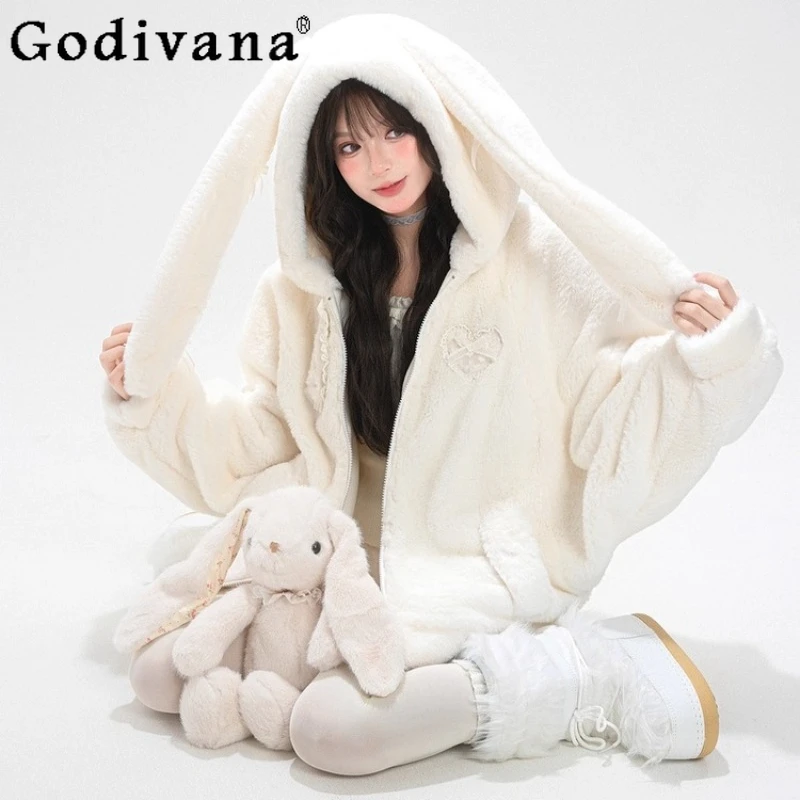 

Women's Winter Versatile Loose Sweatshirts Coat Sweet Style Rabbit Ear Hooded Fleece Sweatshirt Female Japanese Lolita Hoodies