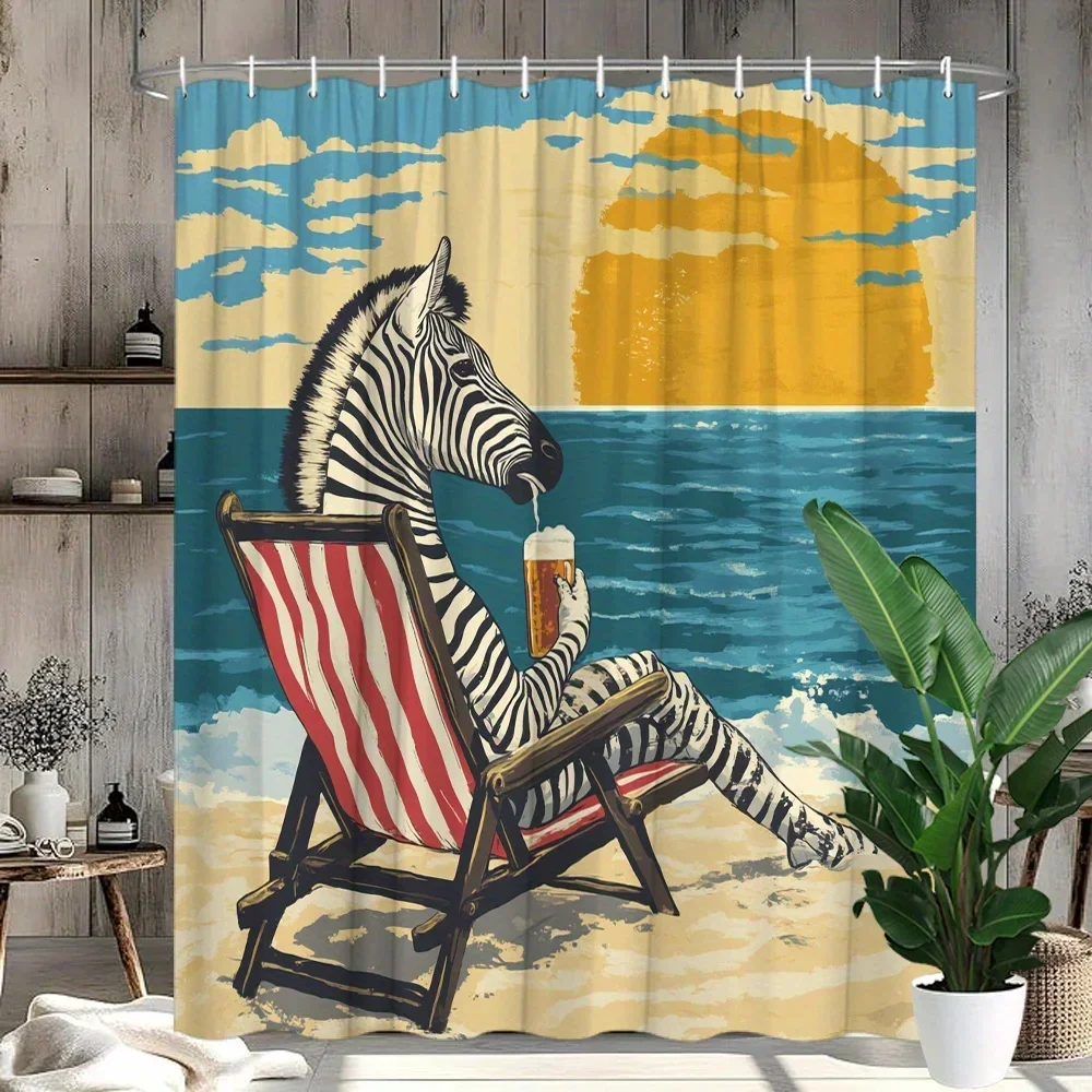 ~O~1pc Zebra Beach Chair Shower Curtain - Vintage Style, Playful Human-like Zebra Sitting on Striped Beach Chair, Polyester Home