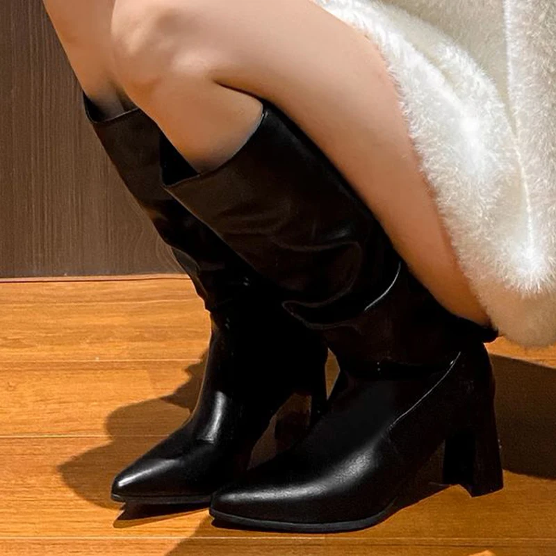 High Heels Women Leather High Boots Sexy Knee High Pleated Shoes Trend Fashion New Chelsea Boots Pumps Snow Boots Pumps Mujer