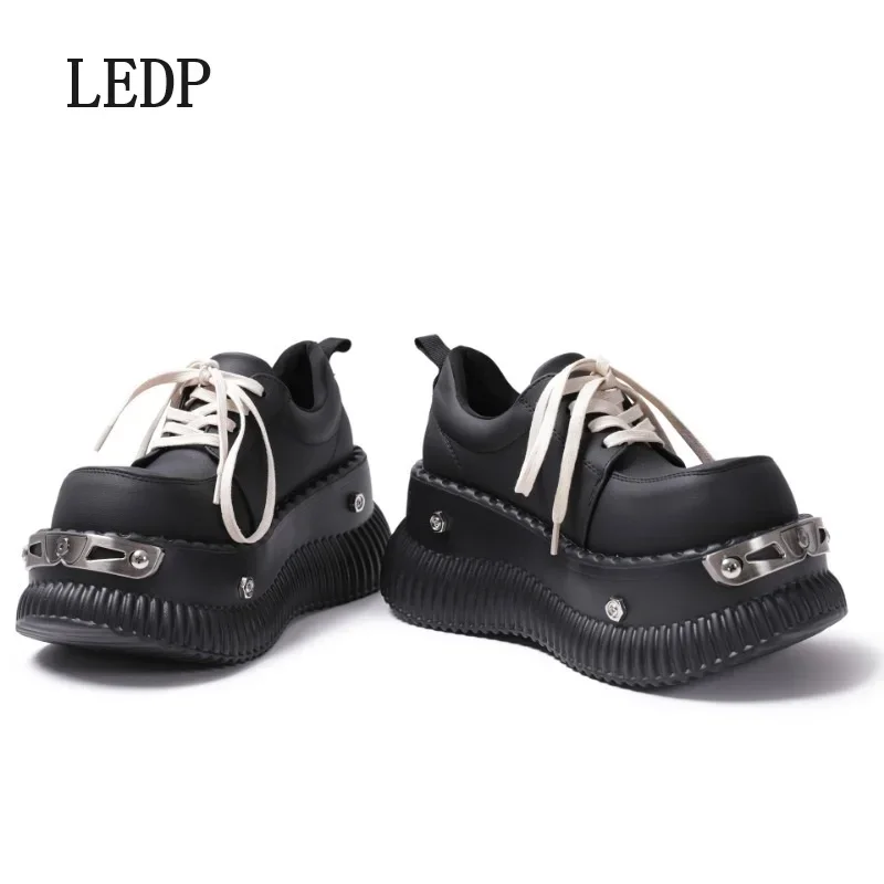 LEDP Punk Style Metal Platform Small Leather Shoes Niche Design Sense Spice Cookie Shorty Music Lace-up Muffin Big Toe Shoes