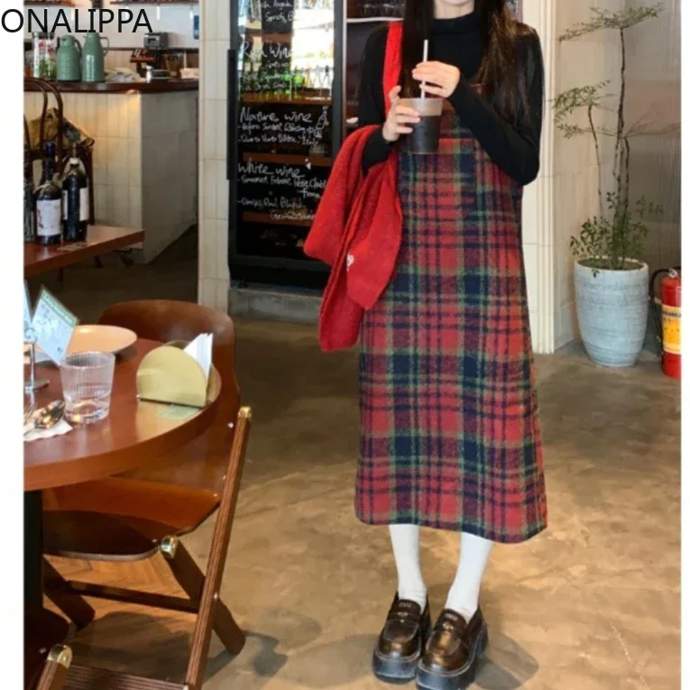 Onalippa Contrast Plaid Red Wool Dresses Button Fly Straight Loose Midi Dress for Women Korean Vintage Chic Loose Vestidos