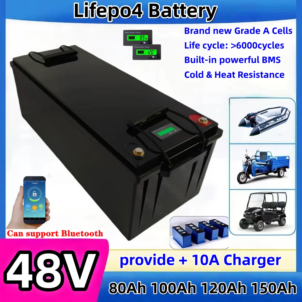 Batería de Litio LiFePO4 HC_LIFEPO4 48V 80Ah 100Ah 120Ah 150Ah para Autocaravanas, Almacenamiento Solar, Inversores, Carritos de Golf, Motor de 5KW, Resistente al Agua