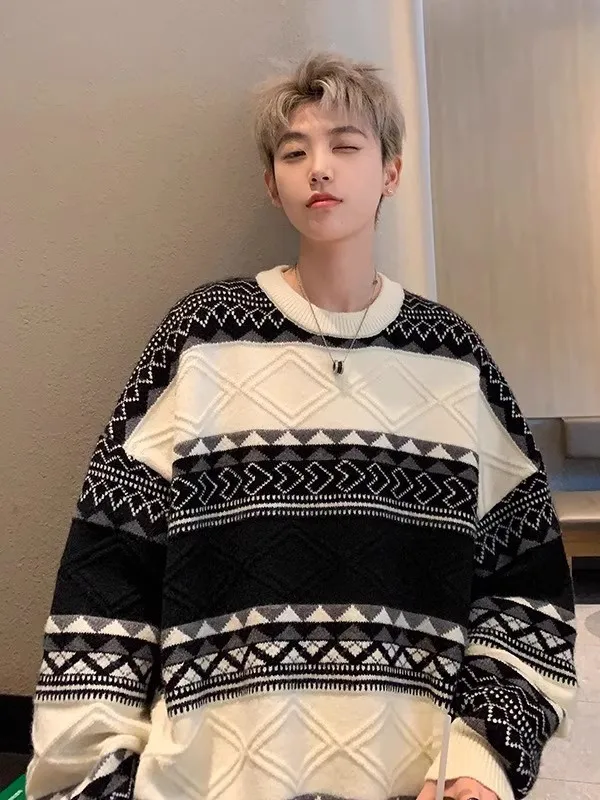 

Мужской вязаный свитер свободного кроя с круглым вырезом, в полоску, большие размеры, осенне-зимний, повседневный, термобелье, вязаная кофта