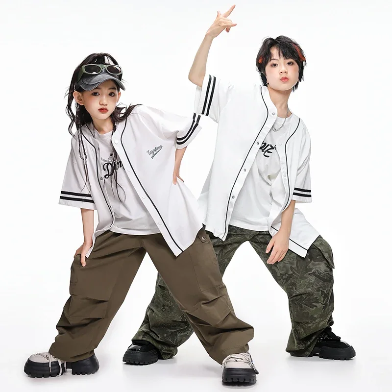 Jungen Hip Hop Baseball Shirt Street Dance Jogger Mädchen Lose Camo Cargo Hosen Kind Streetwear Kinder Jazz Kostüme Kleidung Sets