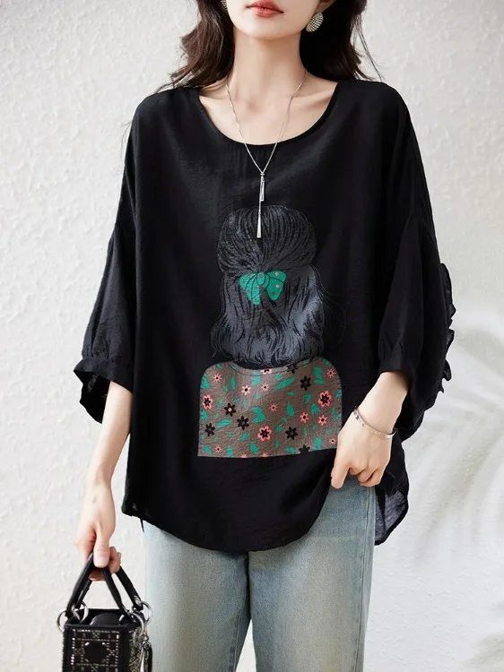 

Loose Fit Summer T-irt Women's round Ne Lantern Sve Top Faionable Thin European Sle Printed Casual Mid-Length