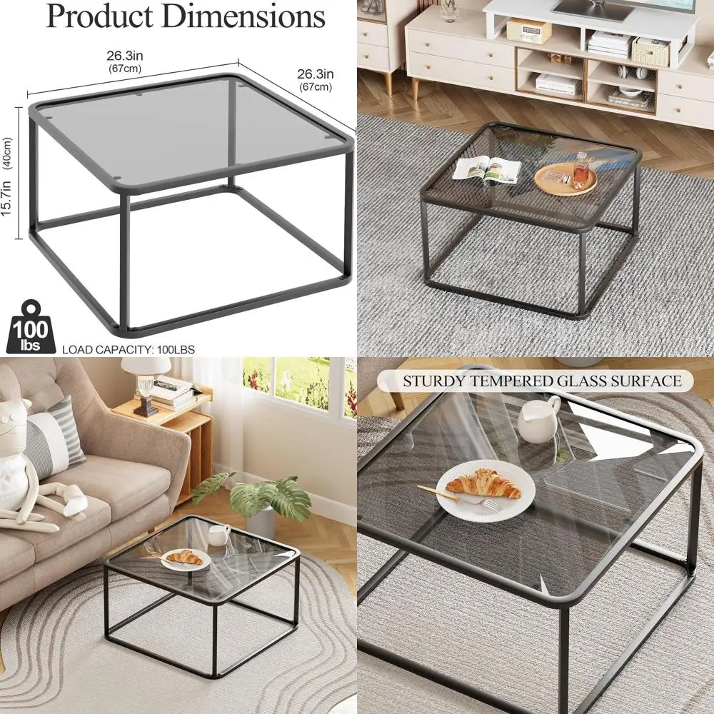 

Modern Minimalist Glass Coffee Table, Sturdy Metal Frame, Ideal for Living Room or Office, Easy Assembly, 26.4x26.4x15.7, Black