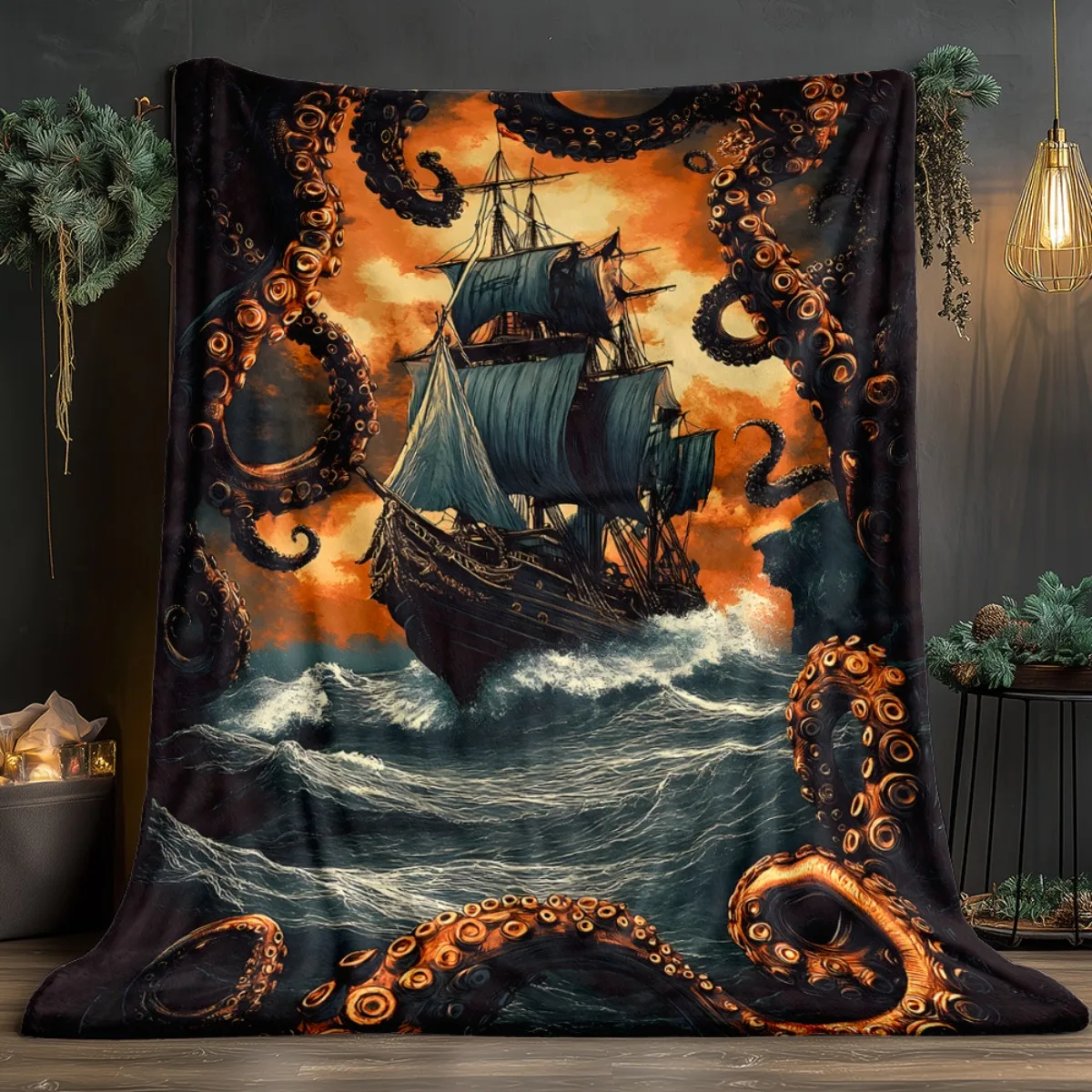 1pc Pirate ship giant octopus sea monster artwork blanket nautical theme throw blanket fantasy ocean decor soft flannel gift