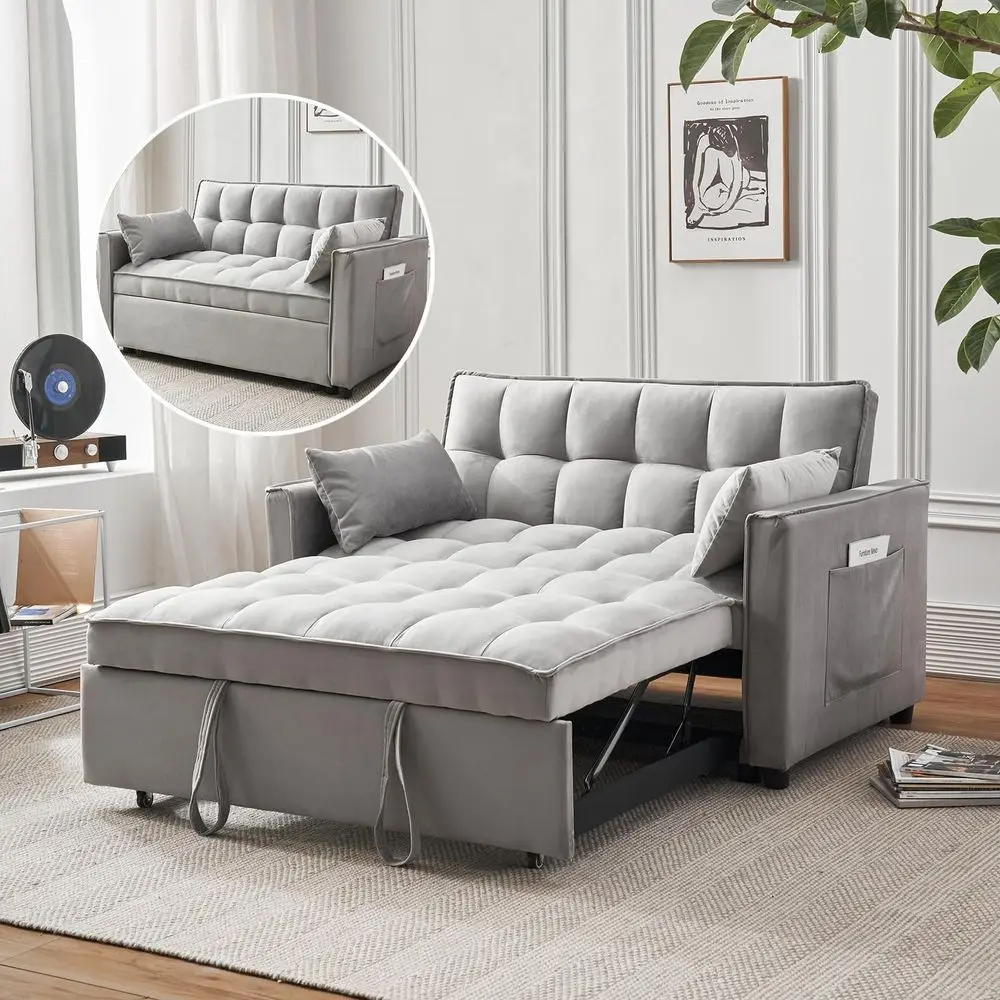 Loveseat Sleeper Sofa, Modern 55.5 Pull Out Couch, Velvet Upholstered Futon Sofa Bed with Adjustable Backrest, Convertible Sofa