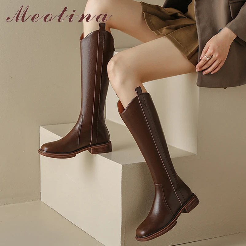 

Meotina Women Genuine Leather Knee High Western Boots Square Toe Flat Zipper Ladies Fashion Long Boot Autumn Winter Shoes Brown