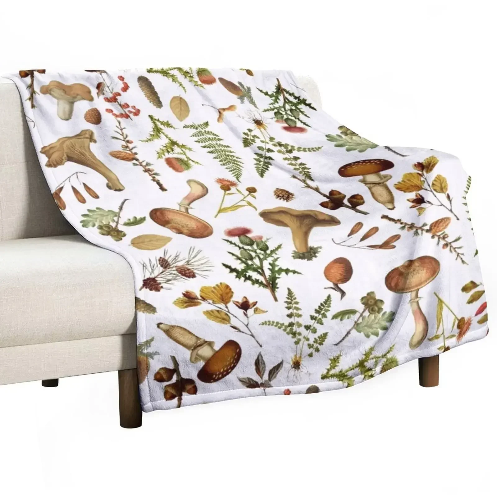 

Vintage Mushrooms Woodland Botanical Pattern - White Throw Blanket Bed Fashionable for winter Blankets