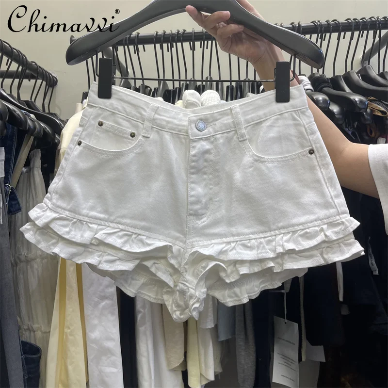 

Summer New French Retro Double Layer Fungus Lacework Denim Shorts Fashion Women's Slimming Pants Hot Girls Wide Leg Pants