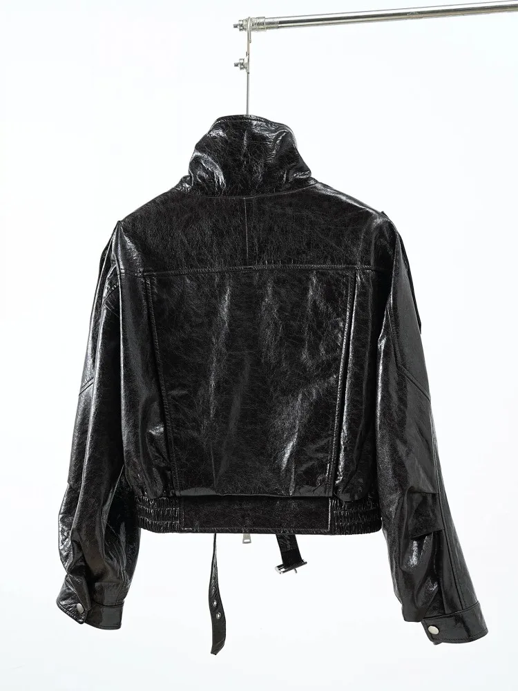 Fashion Women Autumn Patent Real Sheepskin Jacket Loose Fit Belted Waist Stand Collar Moto Biker Genuine Leather Jacket Coats