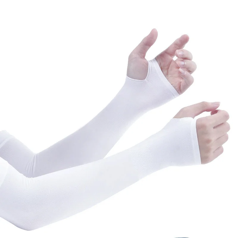 White Cooling Ice Silk Arm Sleeves - 16.5in/42cm UPF50+ UV Protection Fingerless Sleeves, Breathable & High Elastic - Image 3