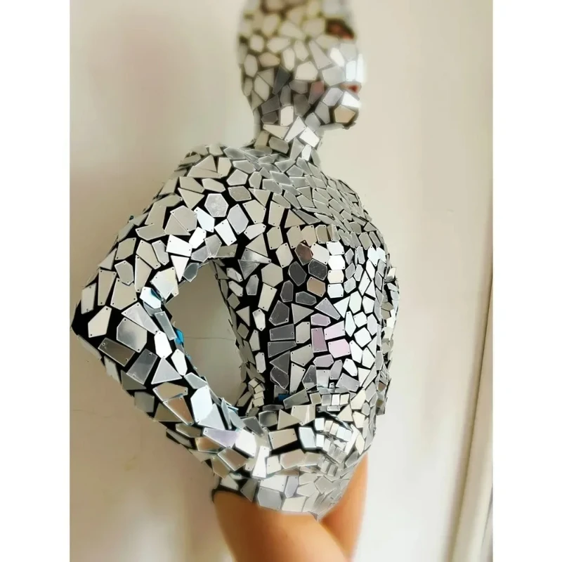 Kombinezon lustrzany damski strój taneczny dla zespołu scenicznego, kostium do tańca jazzowego w stylu technologii przyszłej, cekinowy trykot z rękawiczkami.