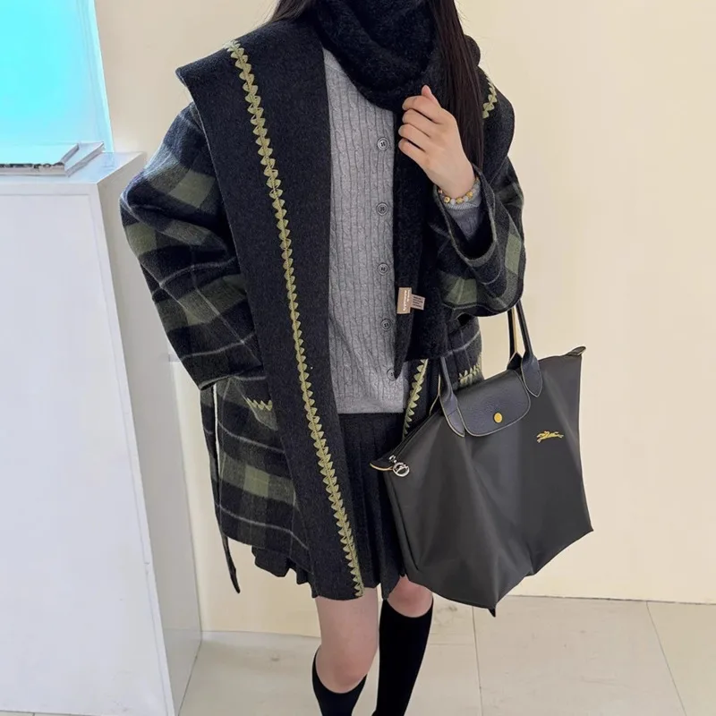 HKSH 2025 Herbst Winter Neue Frauen Doppelseitige Woolen Jacke Plaid drehen-unten Kragen Gürtel Taschen Elegante Trendy Mantel HK13462