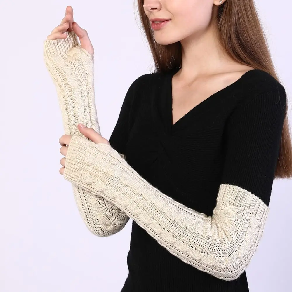 Fingerless Long Wrist Gloves False Sleeves Twists Shape Elbow Mittens Arm Warmers Finger Sleeves Cover Knitted Gloves Girls