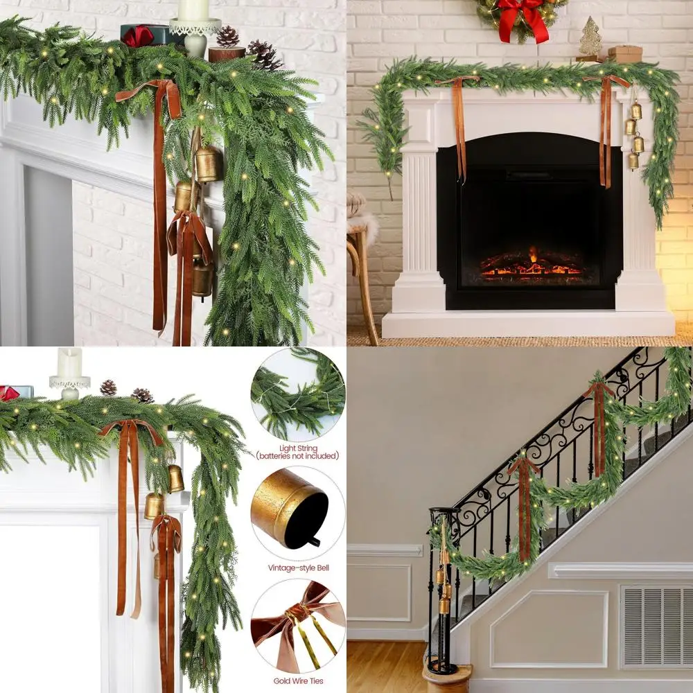 

Rustic 9-Foot Christmas Garlands with Cow Bells, Velvet Bows, and Light Strings for Home Decor and Mantle