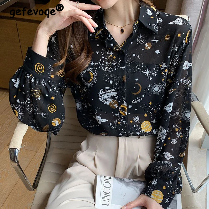 Women Clothing Spring Autumn Trendy Print Harajuku Y2K Shirt Sexy Sheer Long Sleeve Chiffon Blouse Casual Loose Tops Chic Blusas