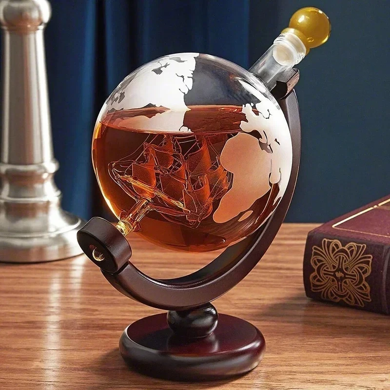 1L Creative Globe Decanter Set with Lead-free Carafe Exquisite Wood-stand and 2 Whisky Glasses Whiskey Decanter