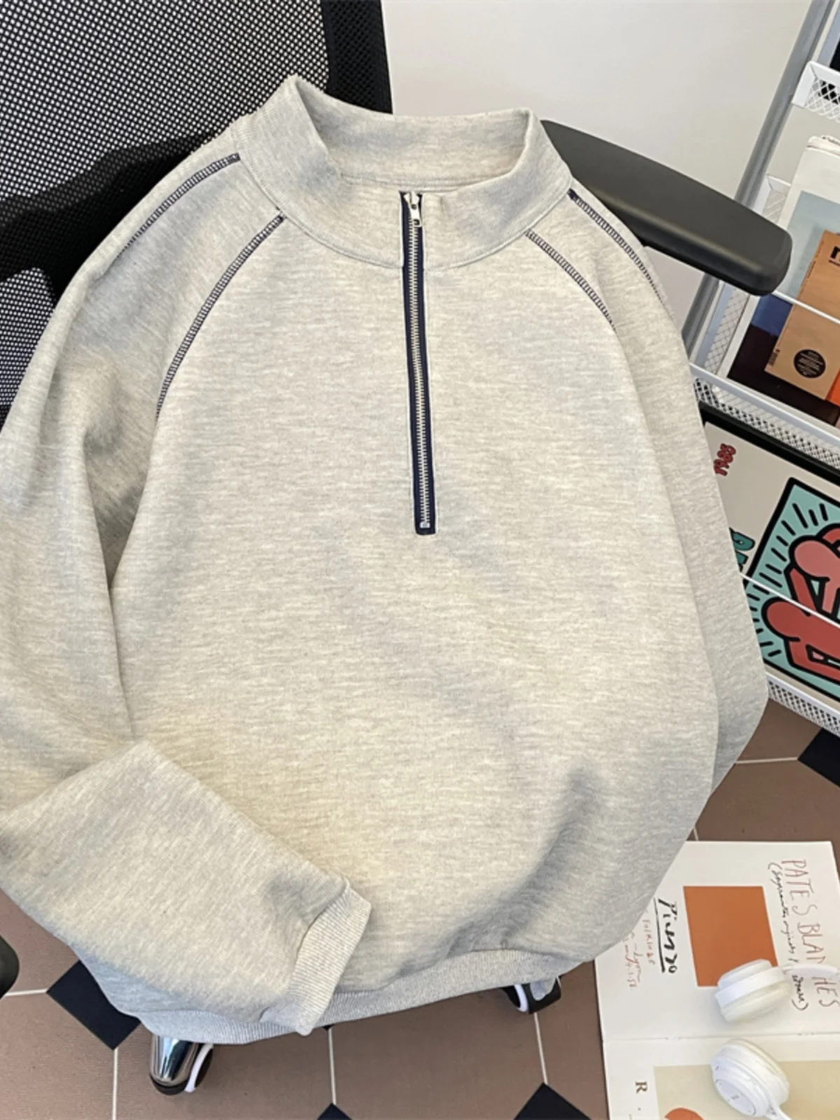 

Мужская толстовка свободного кроя с высоким воротником на молнии, стильный дизайн, повседневная верхняя одежда для весны и осени, модная футболка с длинным рукавом