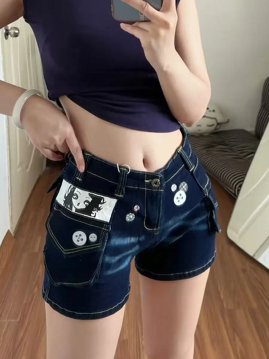 Y2K Fashion Printing Vintage Button Women Low Waist Shorts New Blue Simple Slim Casual Street Washed Female Hot Denim Shorts