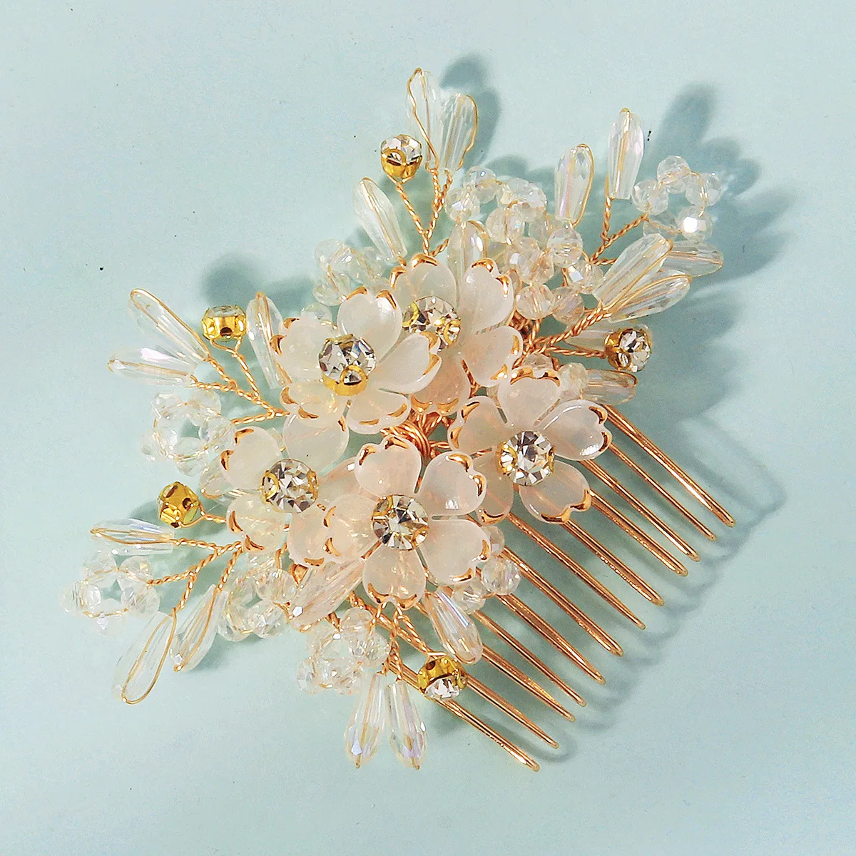 Hair Comb Crystal Flower Beaded Rhinestone Wedding Banquet Photoshoot Updo Accessory Handmade One Size view 3