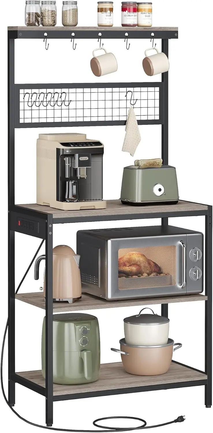 

Bakers Ra With Charging Station, 31.5 Hes Coffee Bar Stand With Adjustable Storage Shelf, Grid Panel, 12 Hooks, Table For