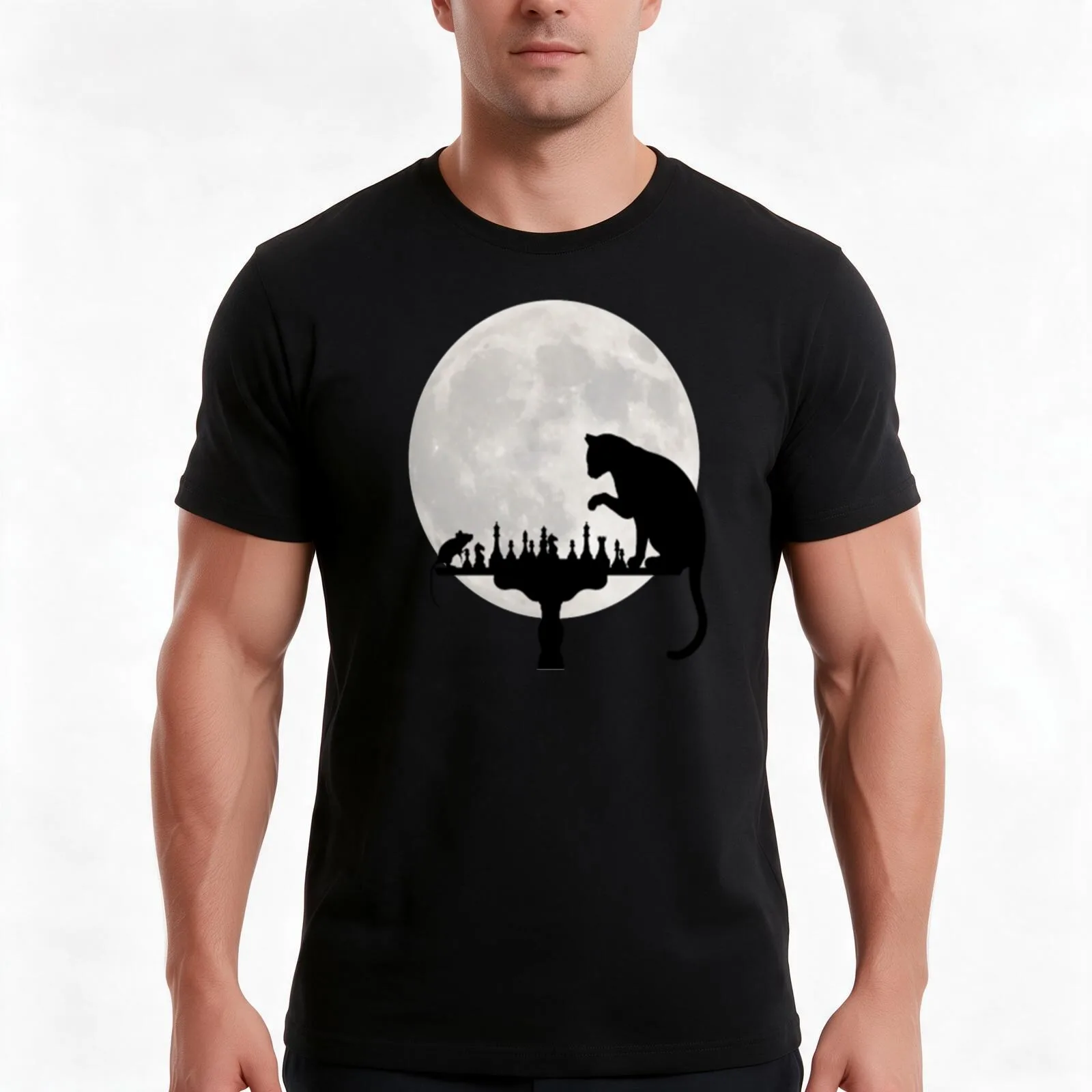 Cat and Rat Playing Chess T-Shirt, Summer Casual Cotton Tee, Oversized Streetwear Tops, Vintage Graphic Print, Unisex Men Women