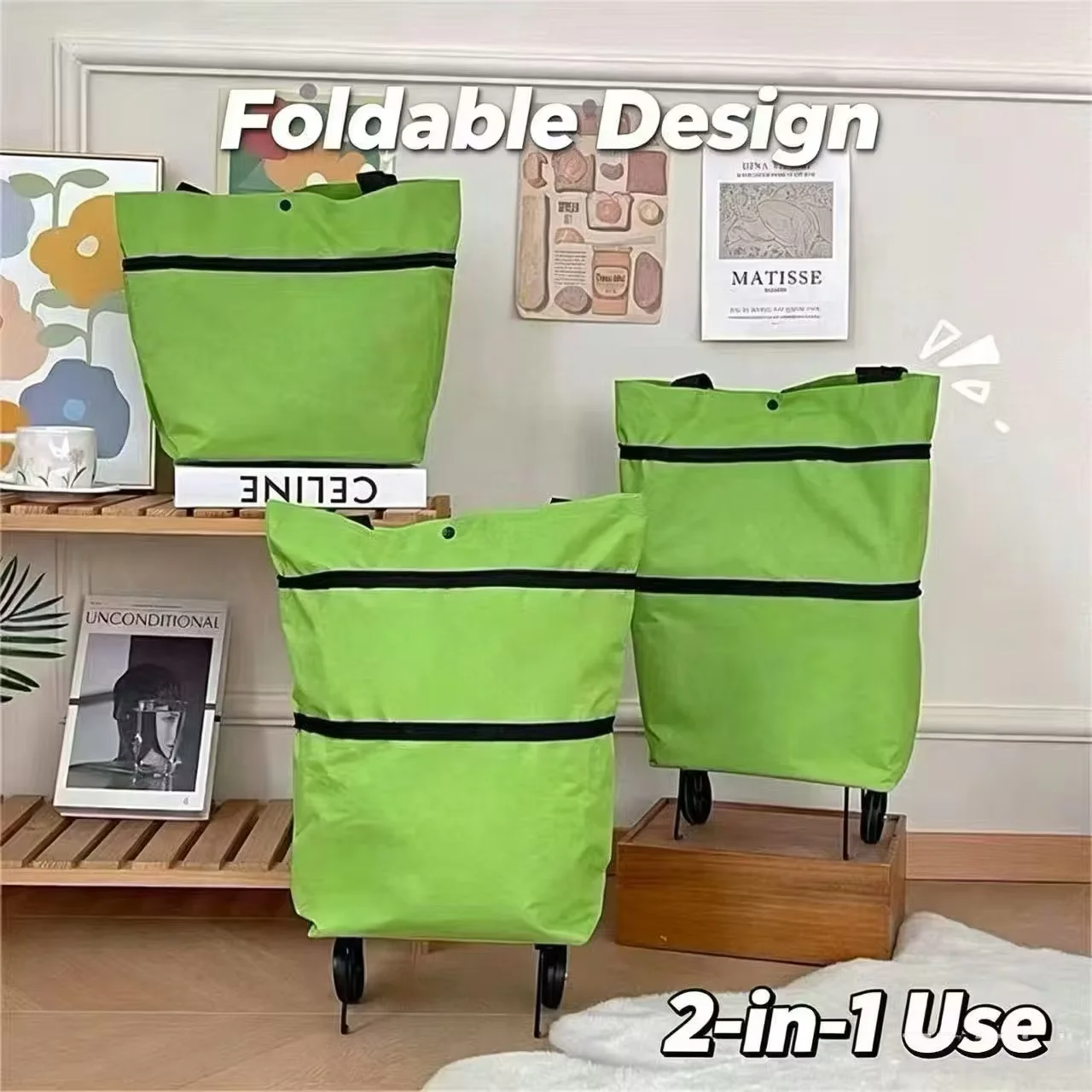 Lightweight Portable Shopping Cart Foldable Shoulder Bag with Wheels Hand-Pushed Cart for Home Use