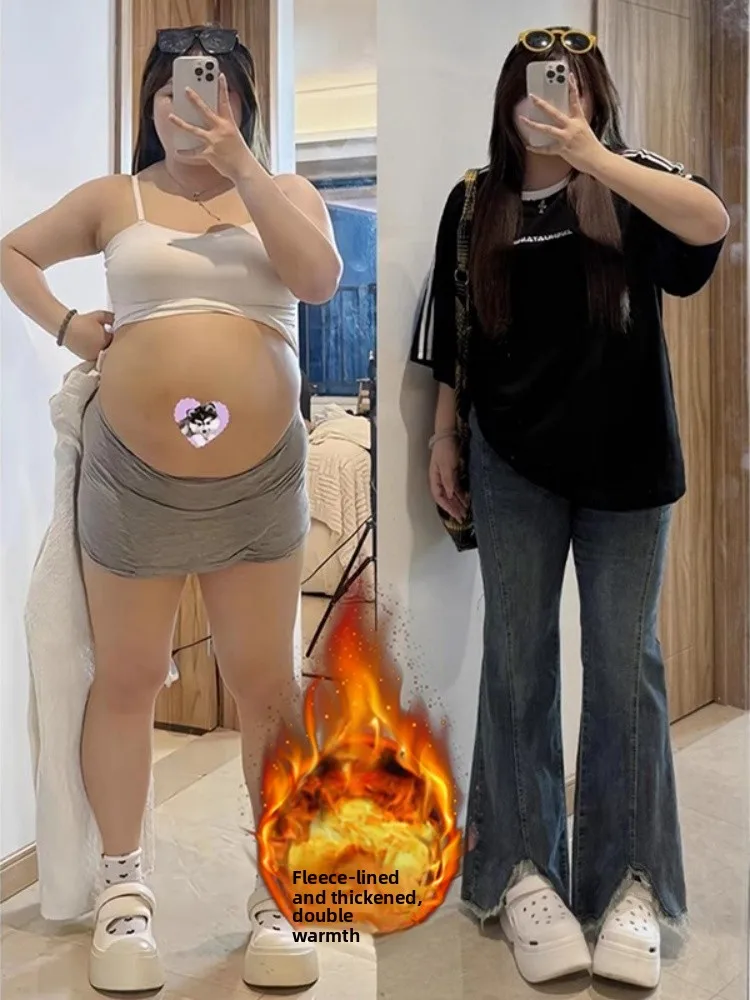 

Женские джинсы с высокой талией, на флисовой подкладке, эластичные, широкие, прямые, для осени и зимы, больших размеров, для фигуры типа «груша», с эффектом похудения