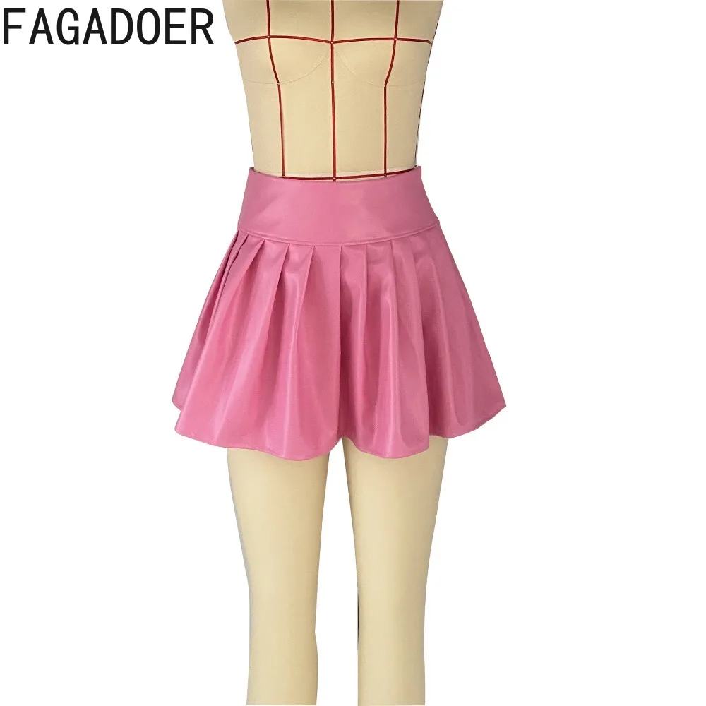 FAGADOER Pink Fashion PU Leather Pleated Skirts Women High Waisted A-line Mini Skirts Casual Female Matching Party Club Bottoms