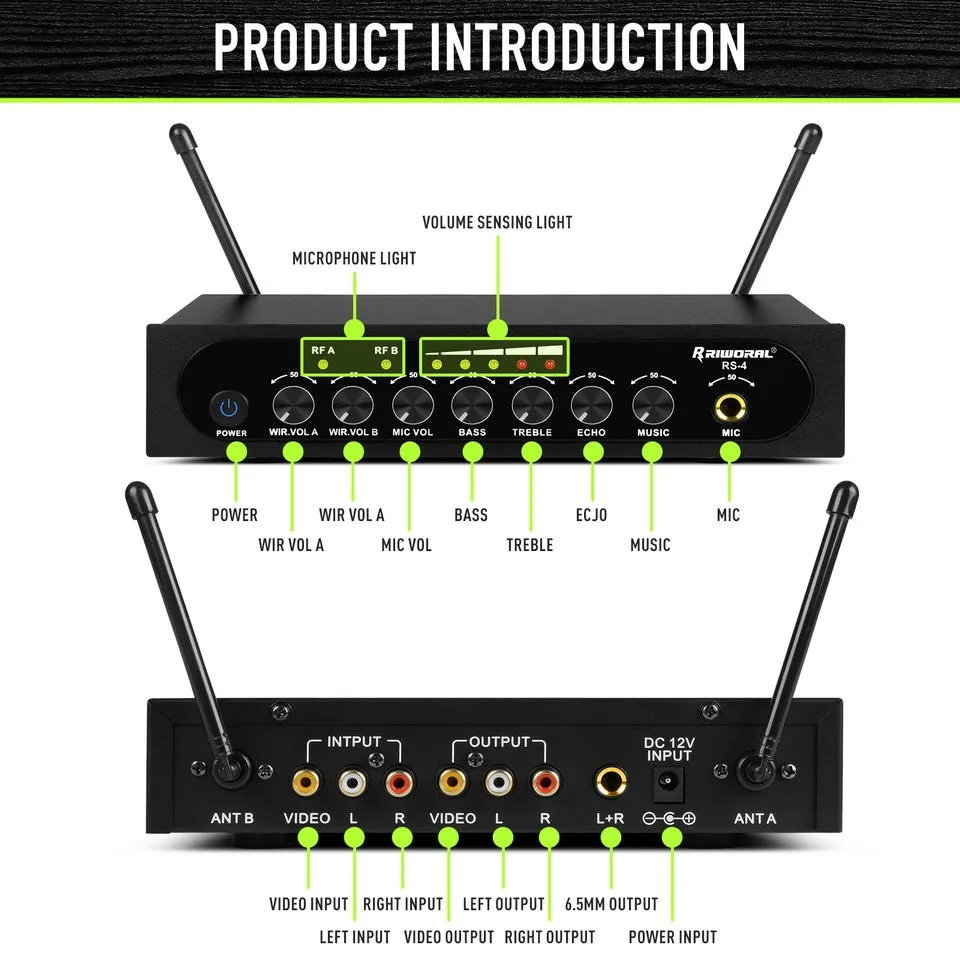 RS-4 Dual Channel Cordless UHF Dynamic Microphone System Omnidirectional Family Karaoke