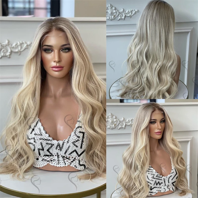 

Ombre Blonde Синтетический HD Парик Фронта Шнурка 26 дюймов Средняя Часть Длинный Вьющийся Парик Термостойкие Синтетические Волосы Натуральная Вечеринка