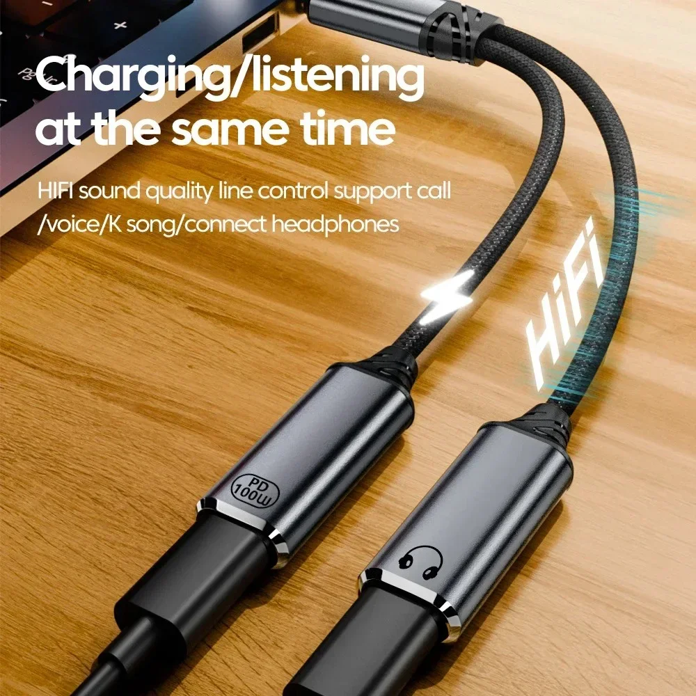

2 in 1 USB C Splitter to Dual Type USB C Headphone Jack Audio Adapter PD 100W Fast Charger Cable for iPhone Samsung Huawei