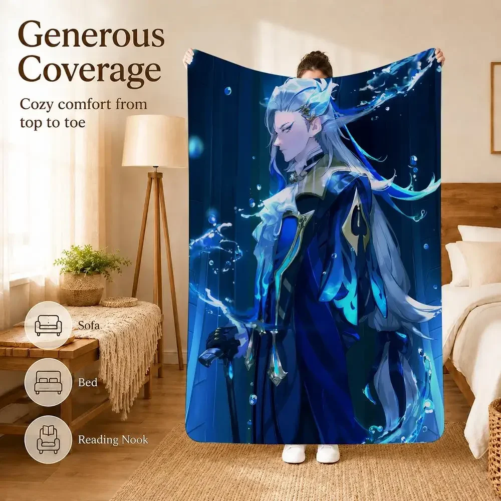 Refined Neuvillette Genshin Impact Throw Soft Lightweight Flannel Blanket for Sofa Couch Bedroom Living Room Home Decor