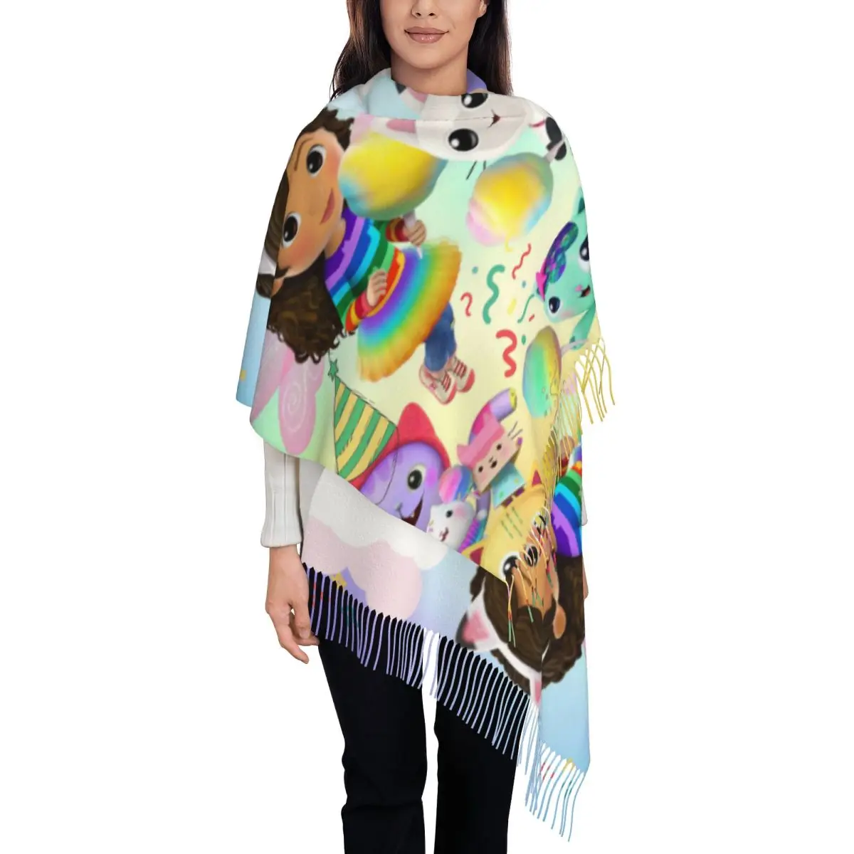 

Gabby Dollhouse Cartoon Shawl Wrap for Womens Warm Large Long Scarf Cute Animals Pashmina Tassel Scarves