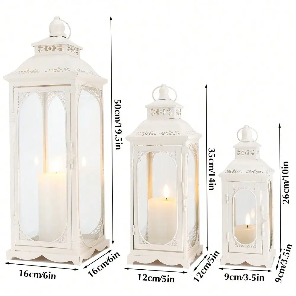Of 3 Vintage Candle Lanterns 10 14 19.5H Decorative Outdoor Lantern Metal Candle Holder With Tempered Glass For Home Living Roo