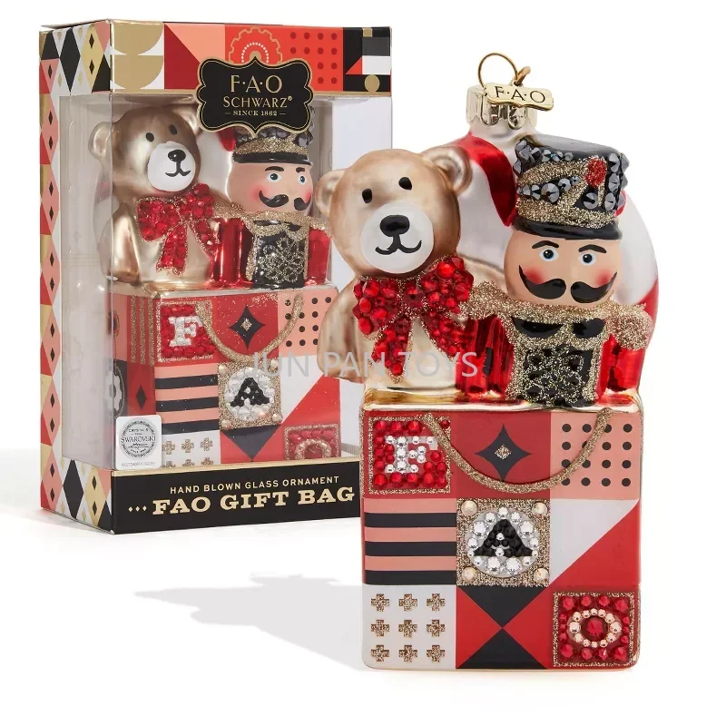 FAO Schwarz Glass Cloche Clock Tower Ornament Jack in The Box 3pk Plush Bear Set Ornament Gift Bag Collectible Kids Toys Figure