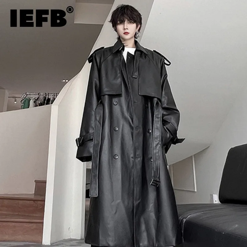 IEFB Men\'s Long Coat Mid Length Leather Trench Safari Style Niche Design Premium Streetwear Trend Male Pu Windbreakers 9C2027