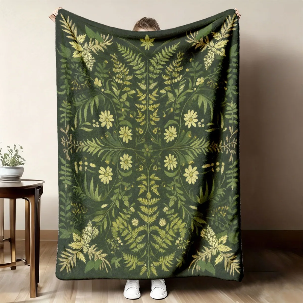 Deep Dark Green Backdrop Mirror Layout Fern White Daisy Wild Leaf Vintage Botanical Full Print Fluffy Blanket Warm Couch Cover