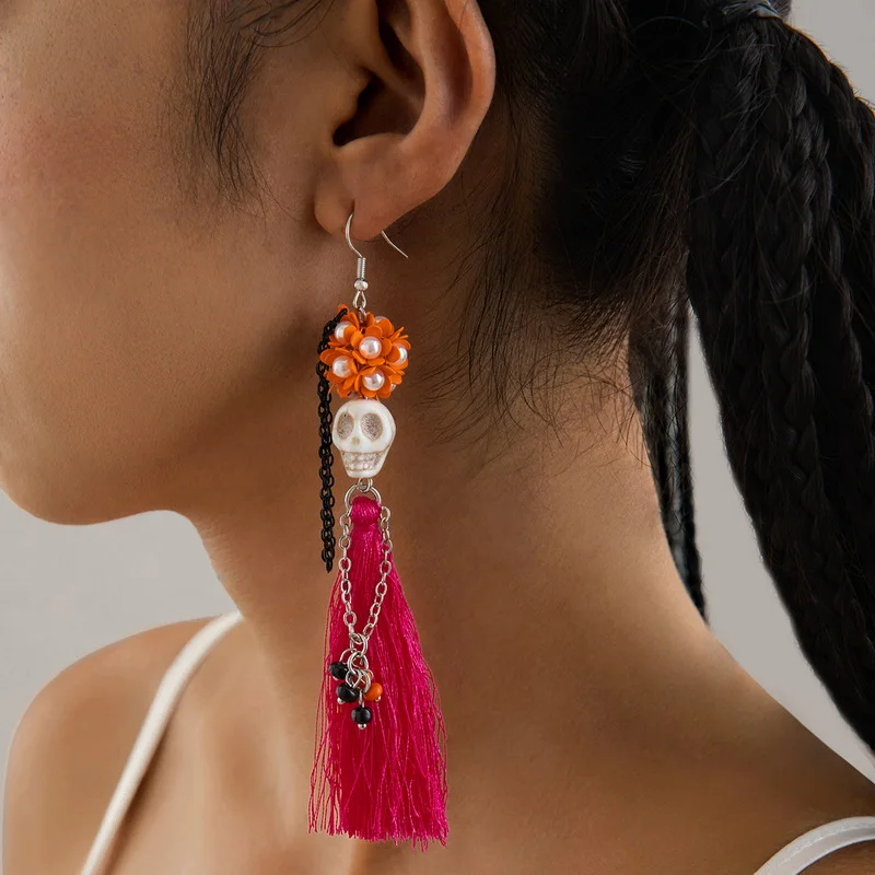 

Funny Ethnic Flower Skull Drop Earrings for Women Creative Gothic Punk Long Tassel Earring Halloween Party Festival Jewelry Gift