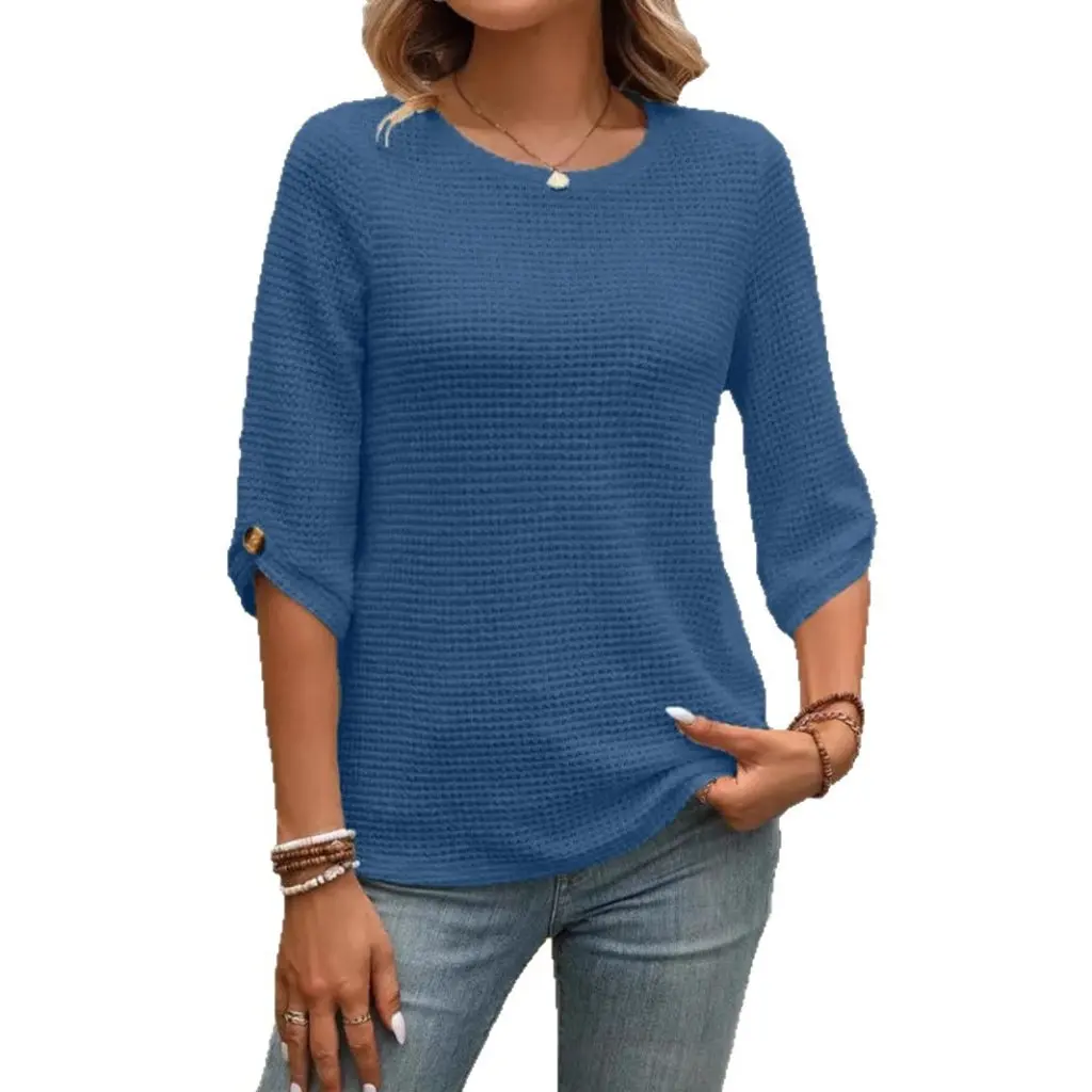 

Женская повседневная футболка со средним рукавом, вафельная, элегантный стиль, весна-осень, новая мода