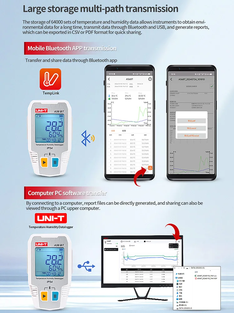 UNI-T Temperature Humidity Data Logger A56 BT Bluetooth Digital Food Thermometer Hygrometer 64000 Sets Data Storage IP54