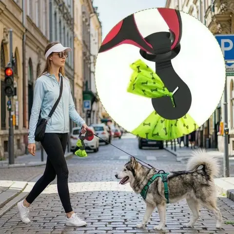 Support de sacs à déjections canines transfrontalier très populaire, distributeur mains libres à clipser sur la laisse, léger et pratique