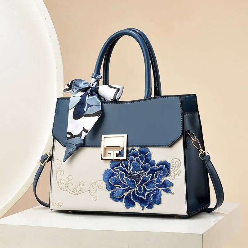 Peony Flower Embroidered Mother Package Large Capacity Women Top-Handle Bags National Style Middle-aged Atmosphere Crossbody Bag