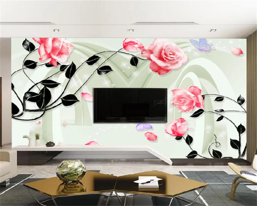 

Custom Wallpaper HD Fashion Modern 3D Space Expansion Rose Vine Living Room Background Wall Decorative Painting Flower Mural