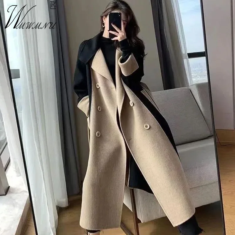 Oversize 7XL Luxury Wool Blend Coat Design Patchwork Long Winter Overcoat Women High Street Belt Abrigo Loose Thick Warm Jacket