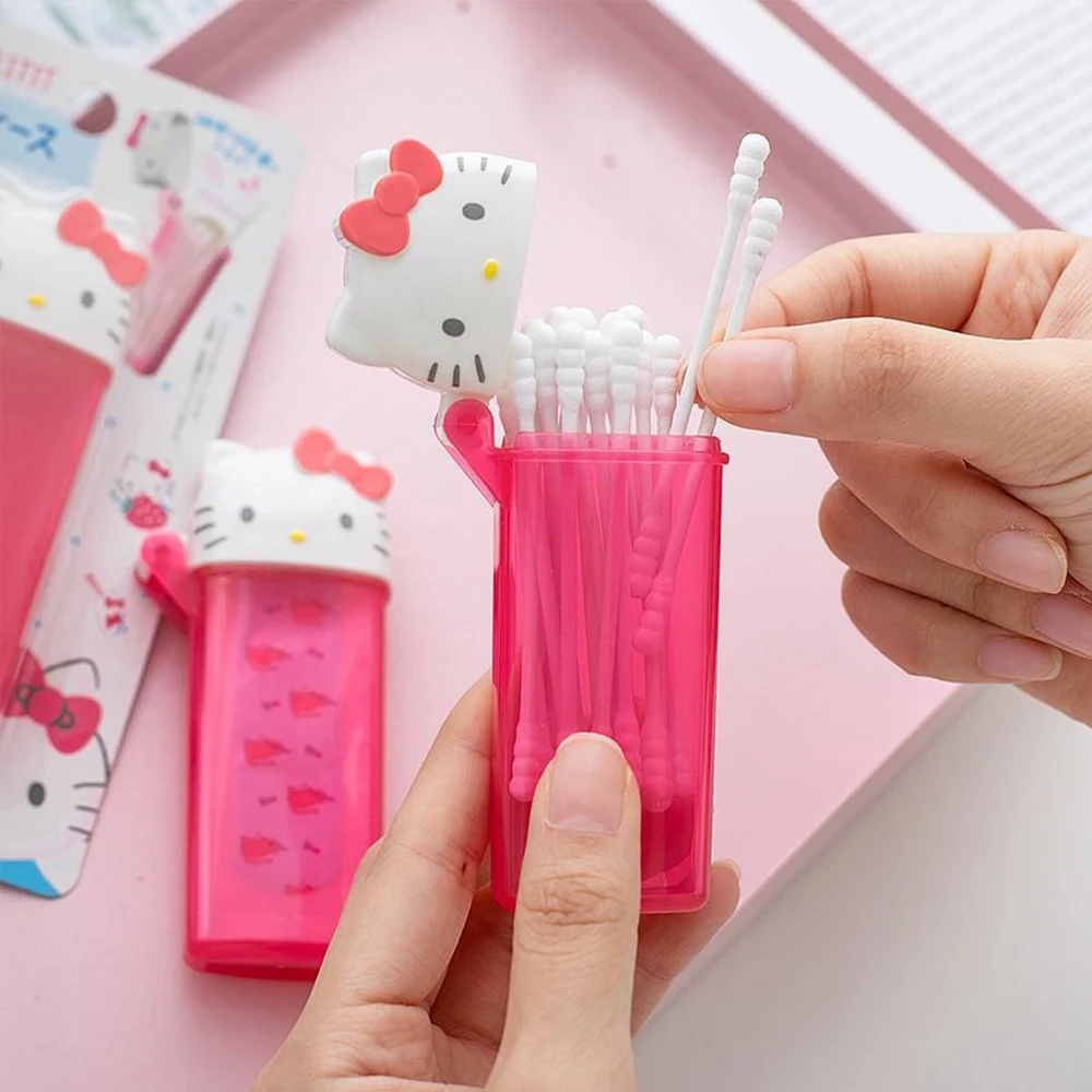 Hello Kitty Mini Toothpick Tube Kawaii  Anime Kt Cat Portable Travel Makeup Cotton Swab Storage Box Floss Container with Mirror