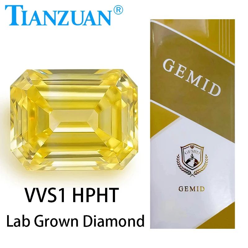 

Lab Grown Diamond HPHT Emerald Cut Fancy Vivid Yellow Color 0.511ct VVS1 2EX Loose Gemstone Bead with GEMID Certificate